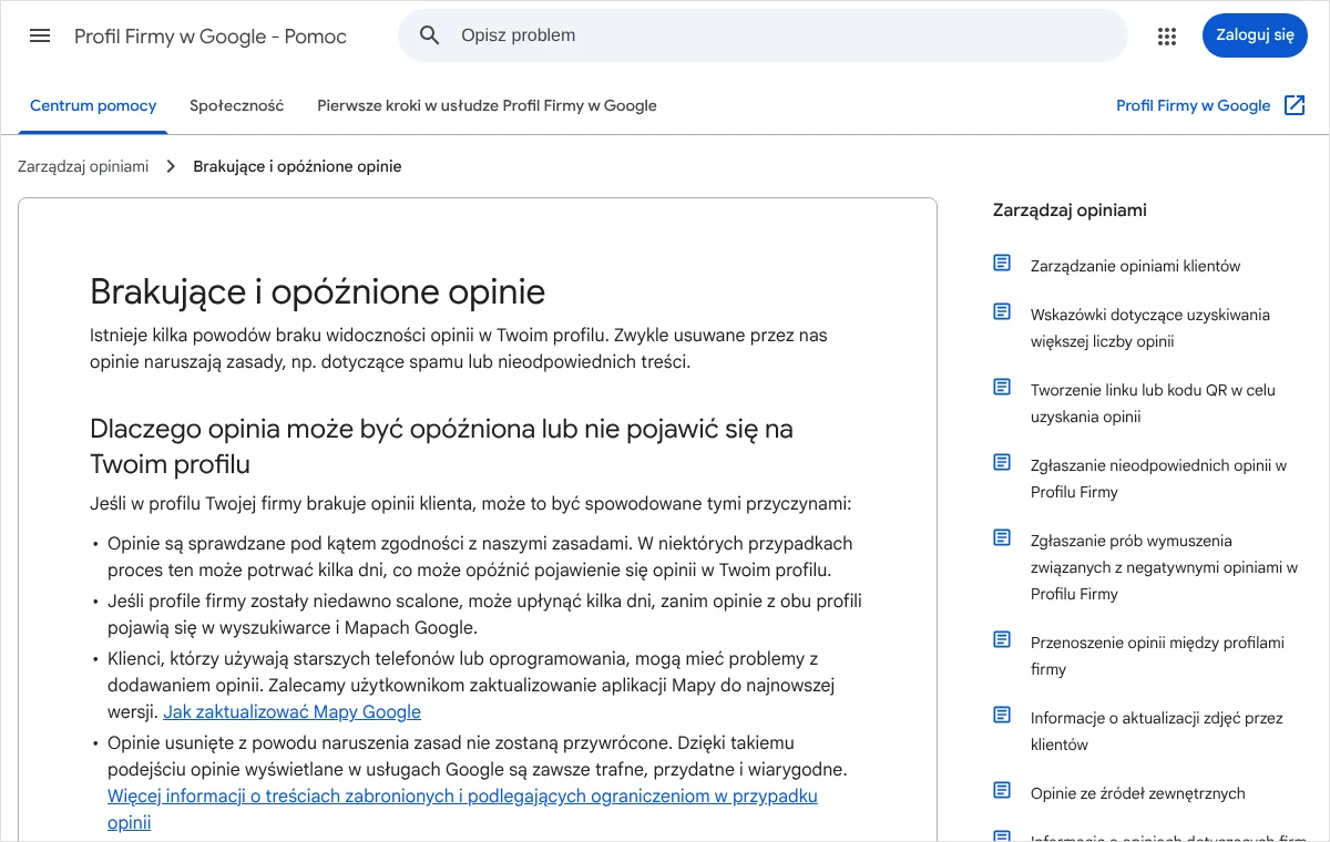 Strona pomocy Profilu Firmy w Google z listą przyczyn, dla których opinia klienta może być opóźniona lub niewidoczna w profilu firmy