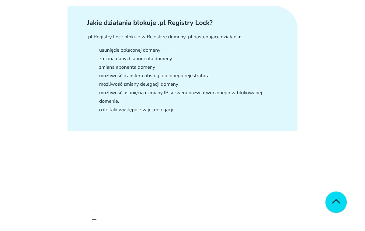 Fragment strony rejestru domeny .pl z listą działań blokowanych przez usługę .pl Registry Lock, w tym transferu i zmiany abonenta