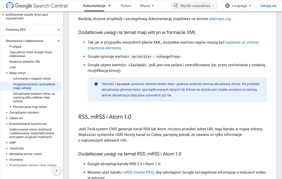 Fragment dokumentacji Google o mapach witryn XML: uwagi o znacznikach priority, changefreq i lastmod oraz o istotnej aktualizacji strony