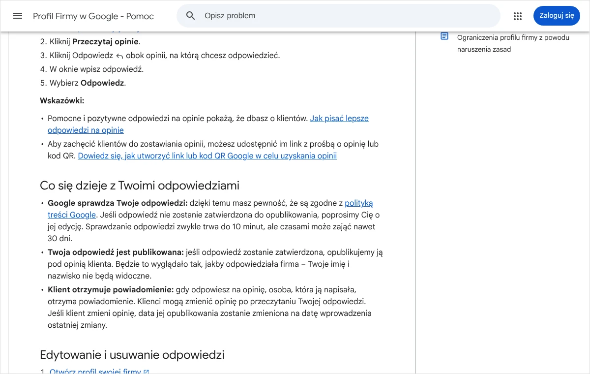 Strona pomocy Profilu Firmy w Google z sekcją o tym, że Google sprawdza odpowiedzi na opinie, publikuje je i wysyła klientowi powiadomienie
