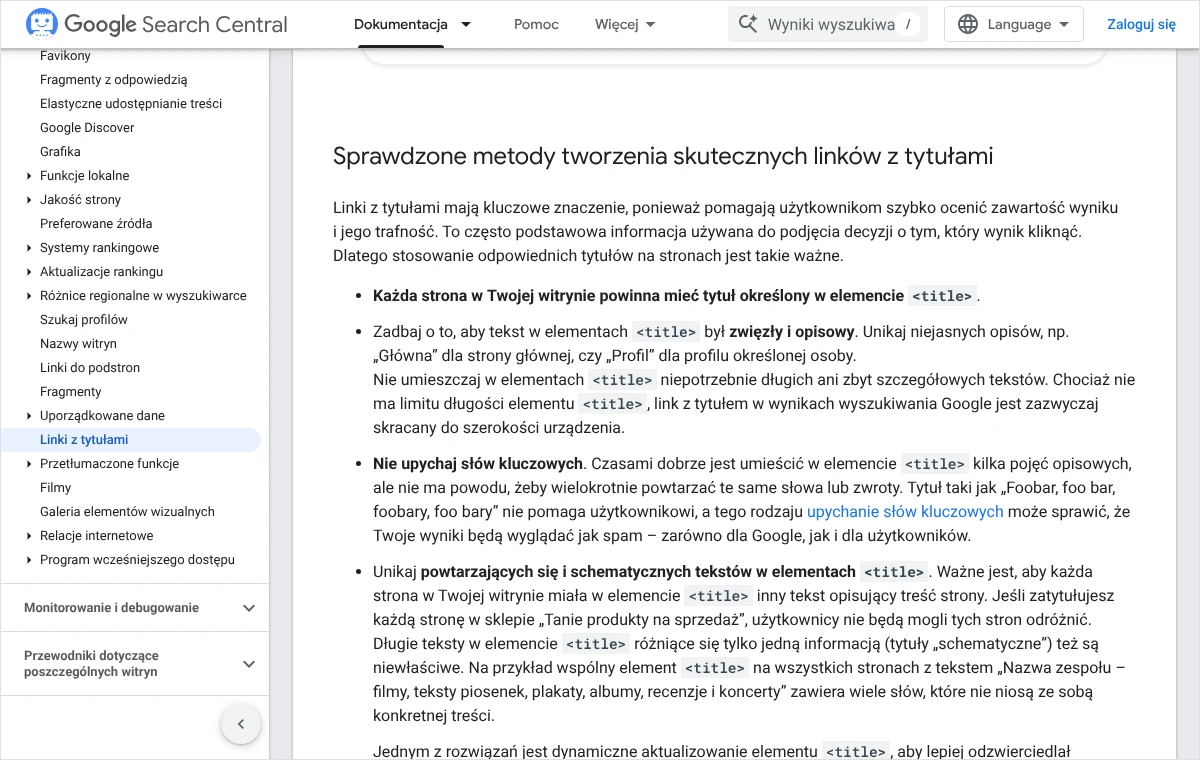 Fragment dokumentacji Google o linkach z tytułami z zaleceniem, by tytuł był zwięzły i opisowy, oraz zdaniem o skracaniu do szerokości urządzenia