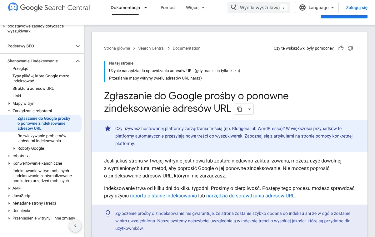 Fragment dokumentacji Google o zgłaszaniu prośby o ponowne zindeksowanie adresów URL z informacją o czasie indeksowania i braku gwarancji