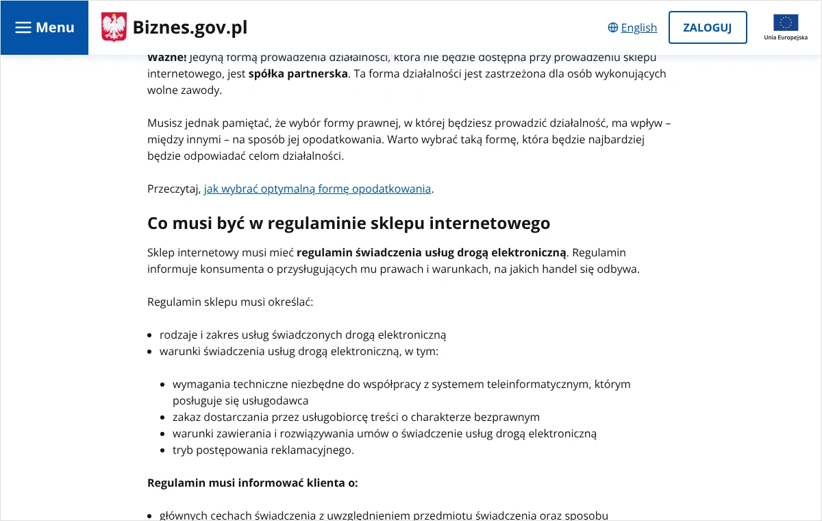 Zrzut strony Biznes.gov.pl z sekcją o tym, co musi określać regulamin sklepu internetowego jako regulamin świadczenia usług drogą elektroniczną