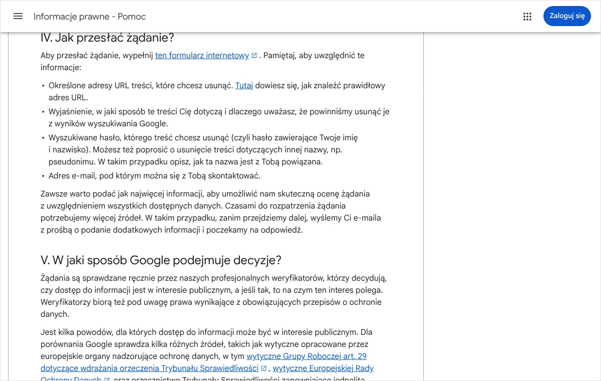 Fragment strony Omówienie prawa do bycia zapomnianym z listą informacji wymaganych w żądaniu oraz opisem ręcznej oceny żądań przez weryfikatorów Google.