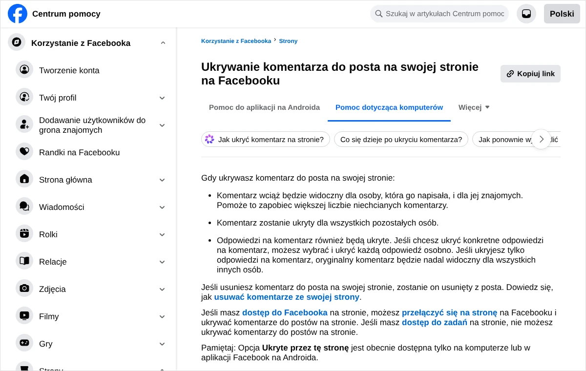 Strona Centrum pomocy Facebooka o ukrywaniu komentarza do posta na stronie z listą trzech skutków ukrycia i uwagą o rodzajach dostępu