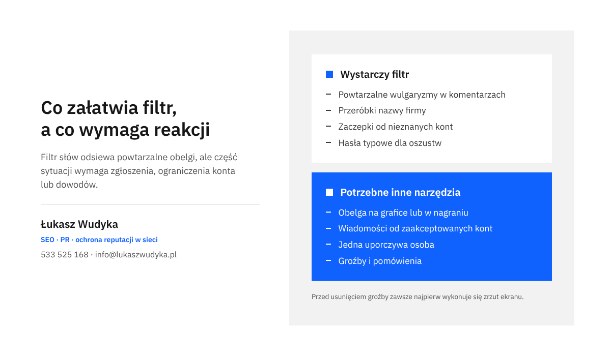 Zestawienie dwóch kolumn: sytuacje, w których wystarcza filtr ukrytych słów, oraz sytuacje wymagające dodatkowych działań na Instagramie