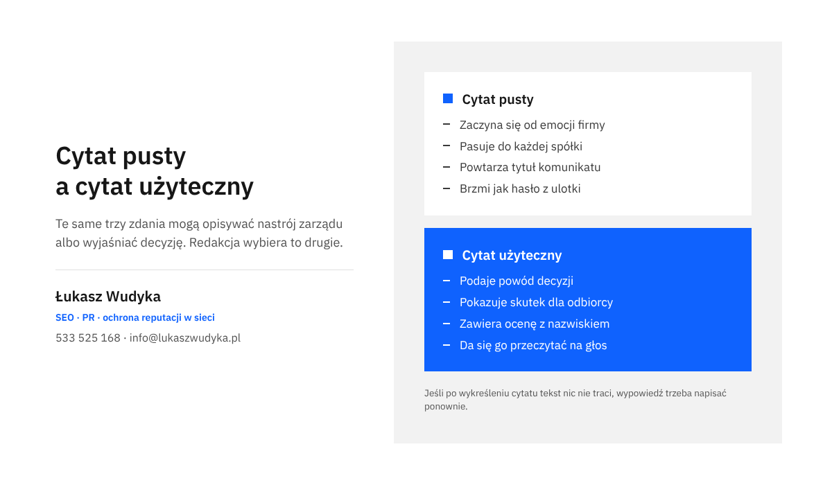 Infografika zestawiająca cechy pustej wypowiedzi prezesa z cechami cytatu, który redakcja chętnie przenosi do artykułu