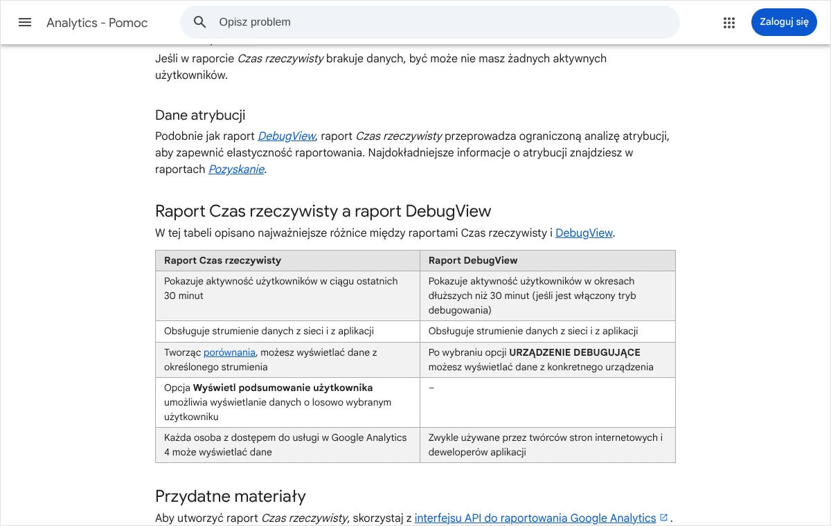 Tabela z pomocy Google Analytics zestawiająca raport Czas rzeczywisty z raportem DebugView: zakres czasu, strumienie danych i sposób wyboru urządzenia.