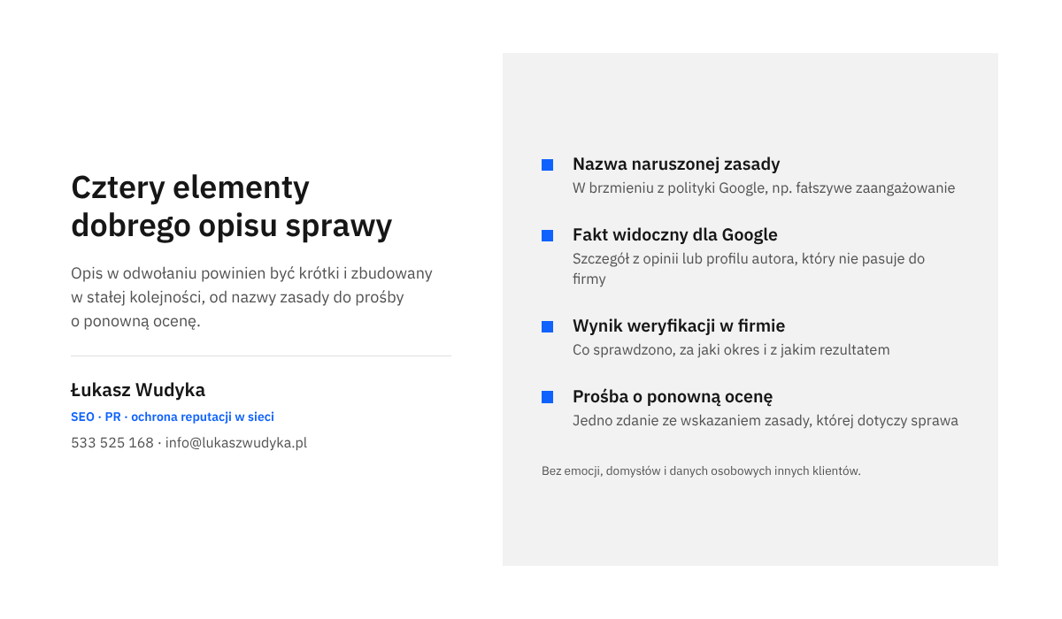 Infografika z czterema elementami opisu opinii od osoby spoza grona klientów: nazwa zasady, sprawdzalny fakt, wynik weryfikacji i prośba o ocenę