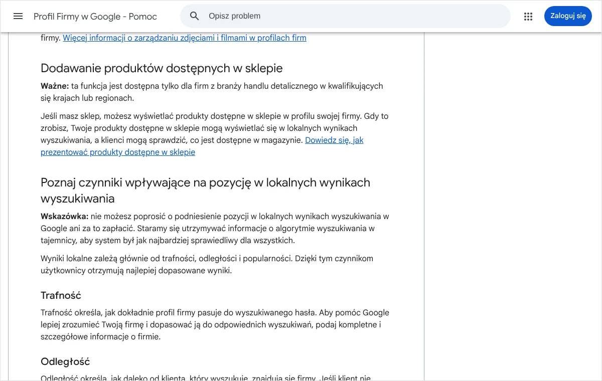 Fragment pomocy Profilu Firmy w Google z częścią o czynnikach wpływających na pozycję w lokalnych wynikach wyszukiwania: trafność i odległość.