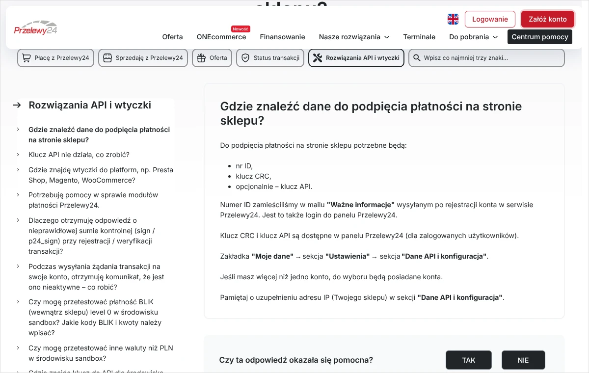 Strona centrum pomocy Przelewy24 z listą danych potrzebnych do podpięcia płatności: nr ID, klucz CRC i klucz API oraz ścieżką w panelu