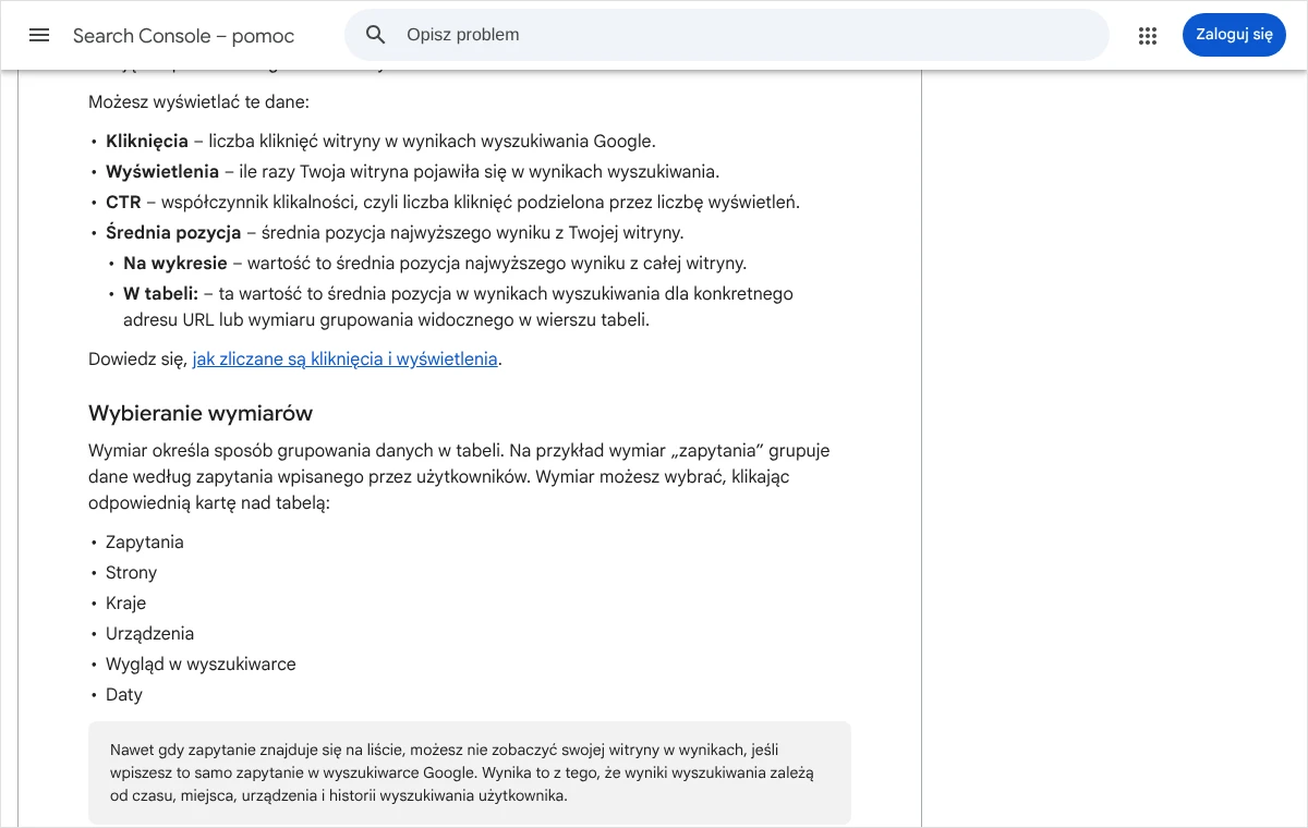 Zrzut pomocy Search Console z opisem danych raportu skuteczności oraz listą kart nad tabelą: Zapytania, Strony, Kraje, Urządzenia, Wygląd w wyszukiwarce i Daty.
