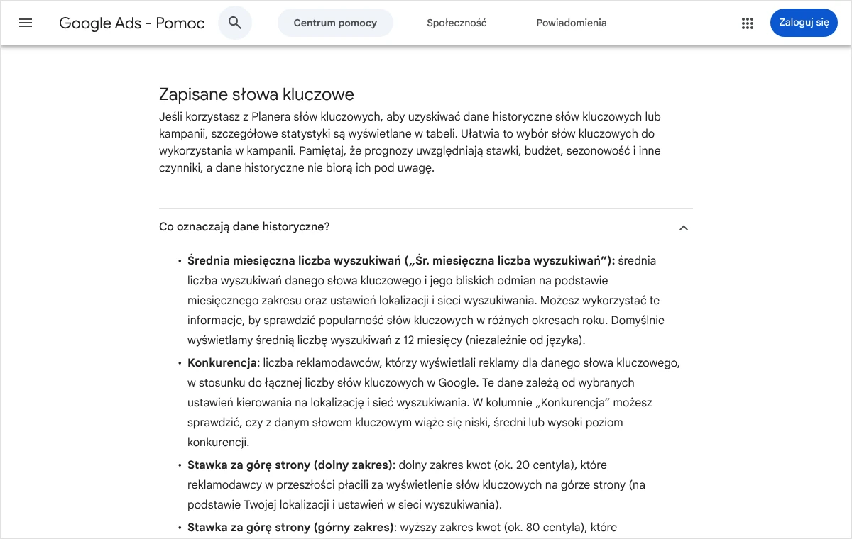 Fragment pomocy Google Ads z definicjami kolumn Planera: średnia miesięczna liczba wyszukiwań, konkurencja oraz stawka za górę strony w zakresie dolnym i górnym.