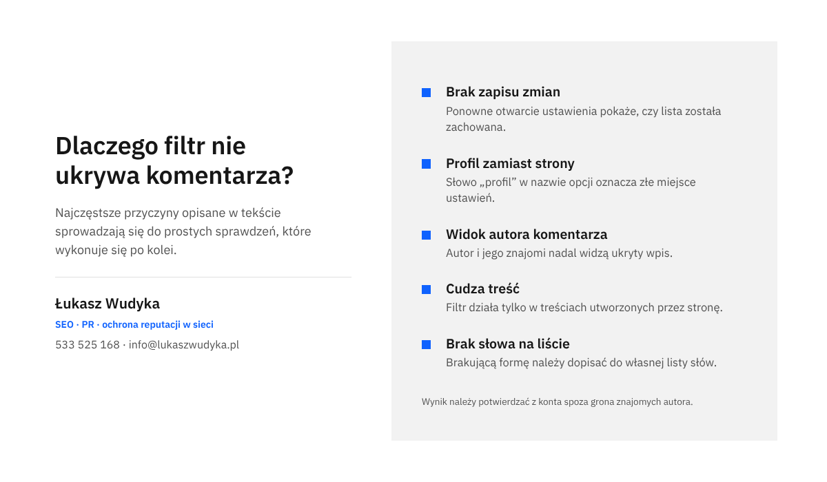 Infografika z listą przyczyn, dla których filtr słów na stronie na Facebooku nie ukrywa komentarza, wraz ze sposobem sprawdzenia każdej z nich