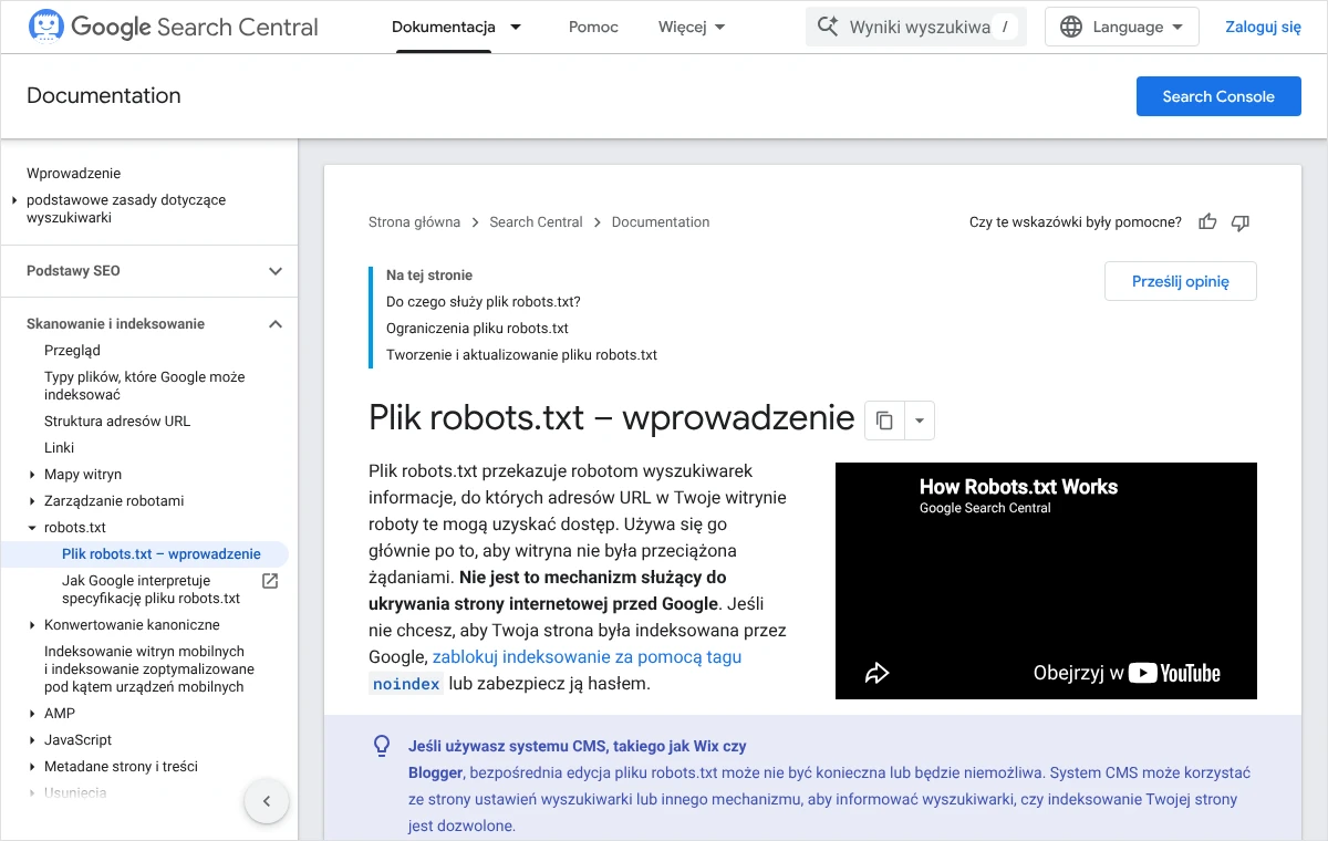 Fragment dokumentacji Google o pliku robots.txt z wyróżnionym zdaniem, że plik nie służy do ukrywania strony internetowej przed Google