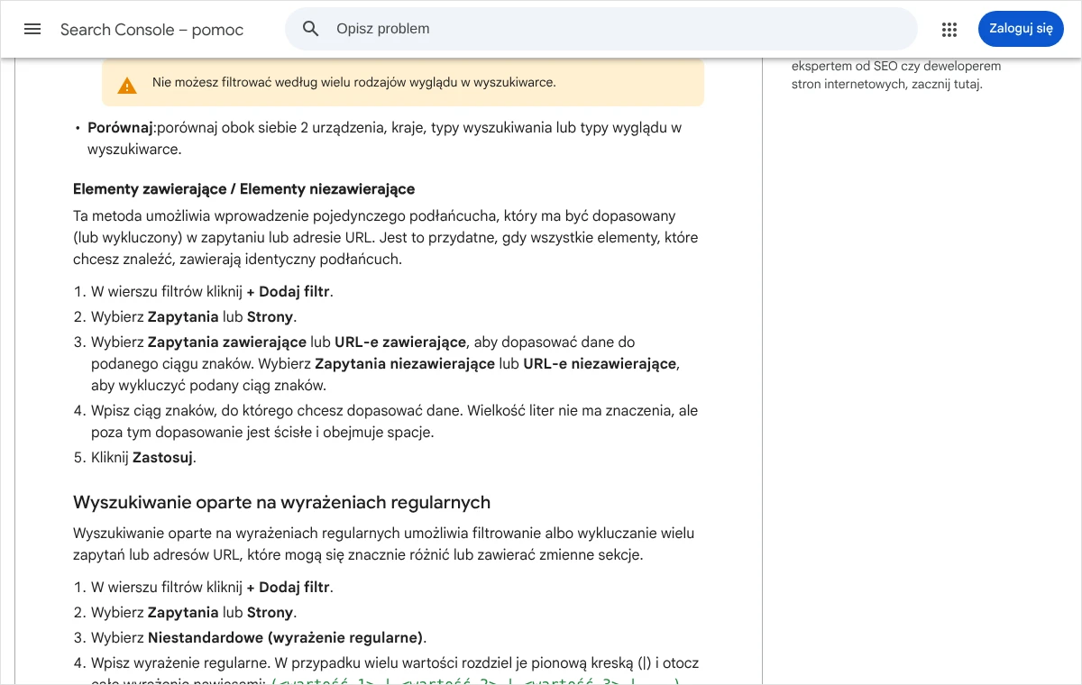 Fragment pomocy Search Console z krokami dodawania filtra: Dodaj filtr, Zapytania lub Strony, Zapytania zawierające, Zastosuj