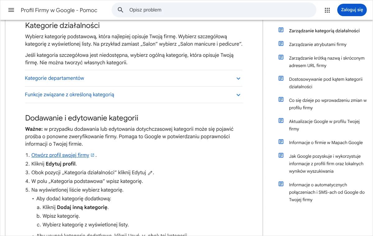 Zrzut strony pomocy Profilu Firmy w Google z sekcją o dodawaniu i edytowaniu kategorii oraz kolejnymi krokami w panelu.