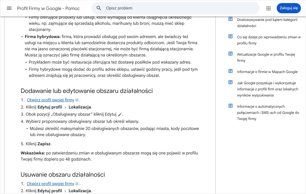 Zrzut strony pomocy Profilu Firmy w Google z kolejnymi czynnościami dodawania obsługiwanego obszaru i limitem dwudziestu obszarów.
