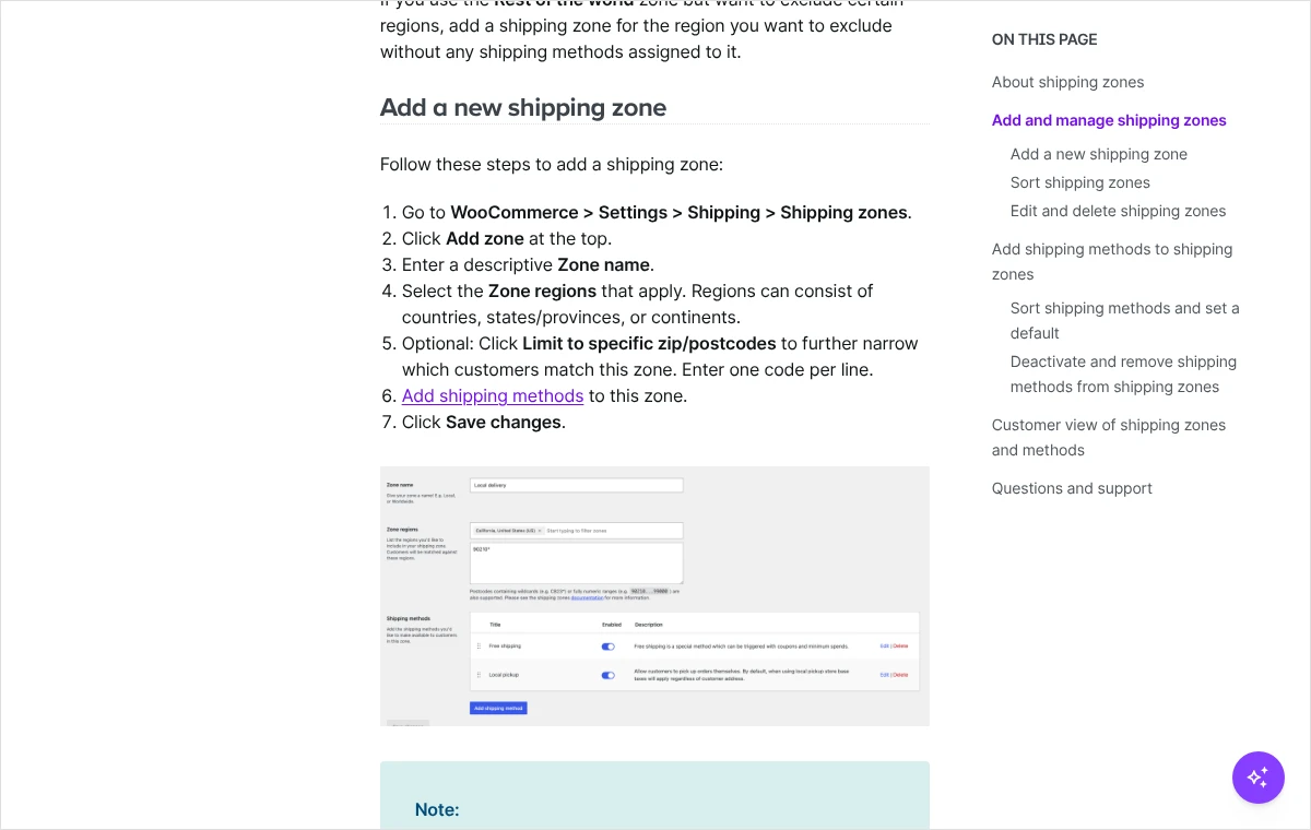 Fragment dokumentacji WooCommerce z siedmioma krokami dodawania strefy wysyłki oraz widokiem formularza strefy z nazwą, regionami i metodami
