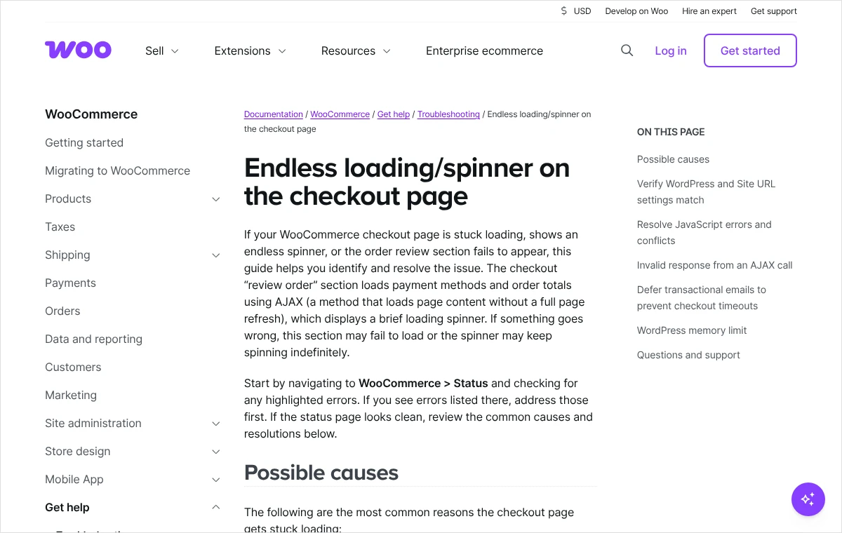 Strona dokumentacji WooCommerce o niekończącym się ładowaniu strony zamówienia ze spisem możliwych przyczyn po prawej stronie