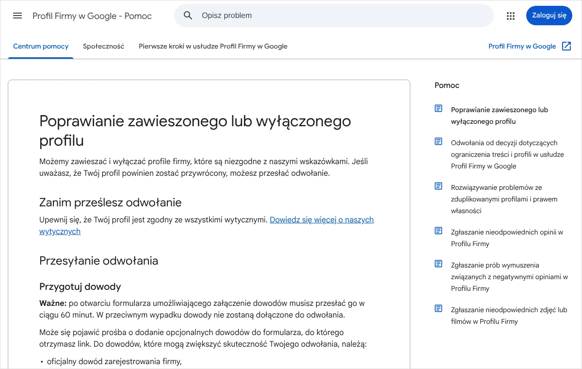 Zrzut strony pomocy Profilu Firmy w Google z sekcją o przygotowaniu dowodów i informacją o 60 minutach na przesłanie formularza.