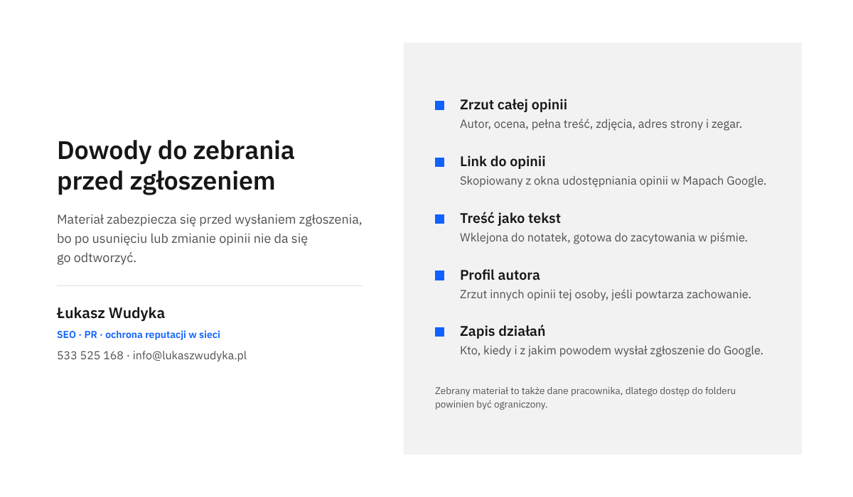 Infografika z listą dowodów: zrzut całej opinii, link do opinii, treść jako tekst, profil autora oraz zapis własnych działań
