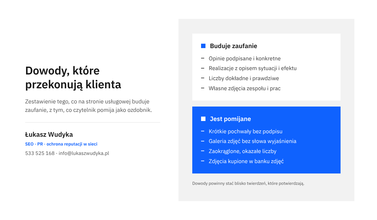 Dowody na stronie usługowej: podpisane opinie, realizacje z opisem i własne zdjęcia zestawione z ogólnikami, zawyżonymi liczbami i zdjęciami z banku.