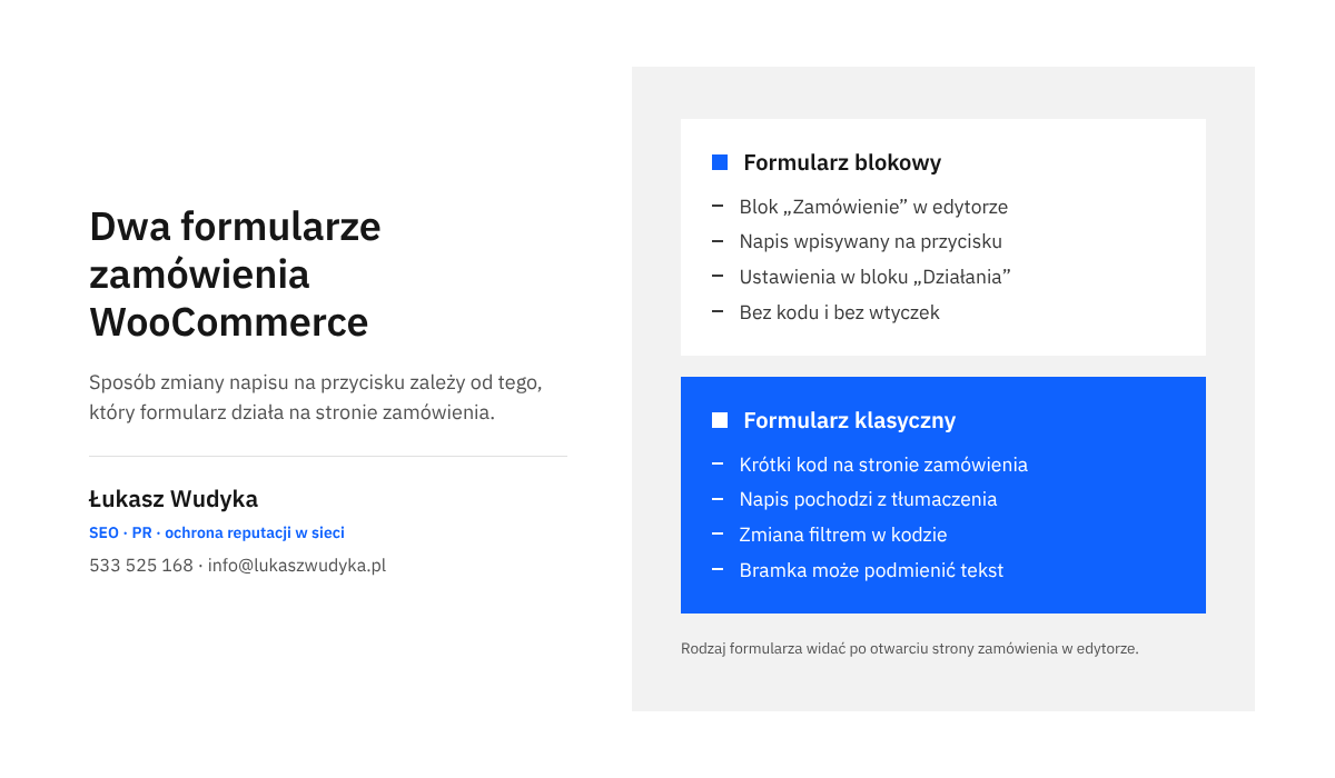 Zestawienie formularza blokowego i klasycznego w WooCommerce: po czym je rozpoznać i gdzie zmienia się napis przycisku zamówienia.