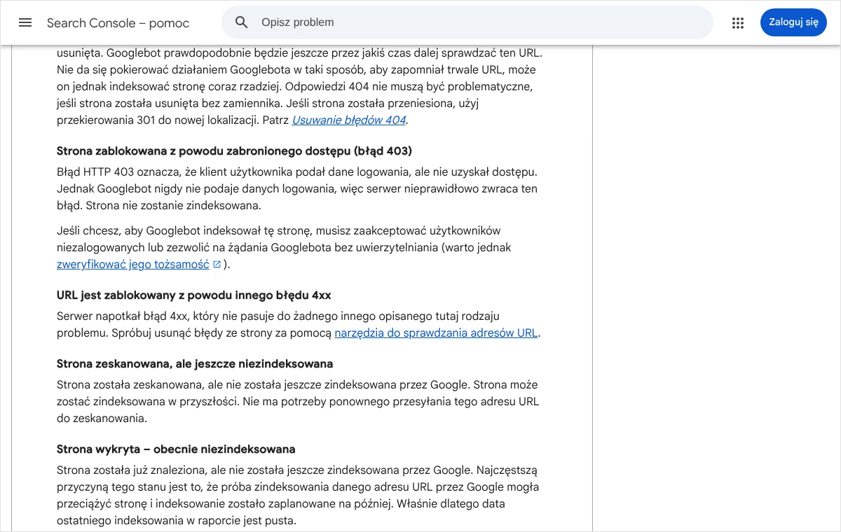 Fragment pomocy Search Console z opisami stanów Strona zeskanowana, ale jeszcze niezindeksowana oraz Strona wykryta - obecnie niezindeksowana.