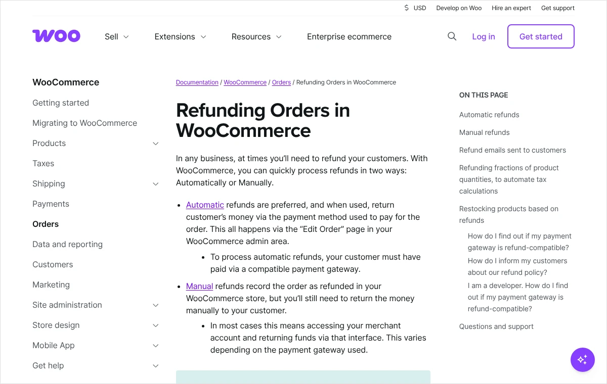 Zrzut strony dokumentacji WooCommerce o zwrotach z opisem zwrotu automatycznego i ręcznego oraz spisem treści po prawej stronie