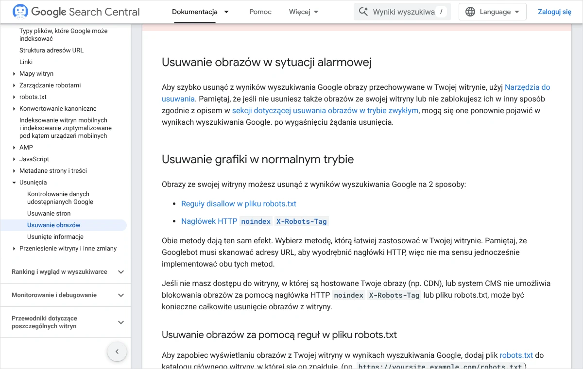 Fragment dokumentacji Google o usuwaniu obrazów: tryb alarmowy z Narzędziem do usuwania oraz dwa trwałe sposoby blokady grafik