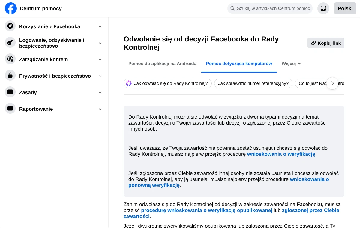 Strona Centrum pomocy Facebooka o odwołaniu do Rady Kontrolnej z opisem dwóch typów decyzji: o własnej zawartości i o zgłoszonej zawartości innych osób