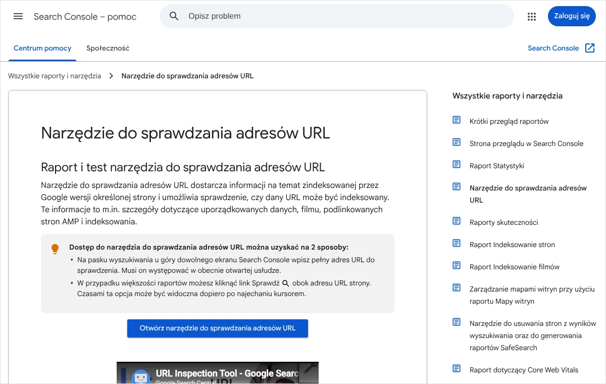 Fragment pomocy Search Console opisujący dwa sposoby otwarcia narzędzia do sprawdzania adresów URL: pasek wyszukiwania u góry ekranu i ikonę lupy w raportach