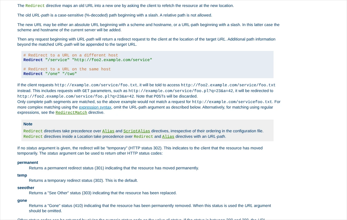 Fragment dokumentacji serwera Apache z opisem dyrektywy Redirect, przykładami zapisu oraz listą kodów permanent, temp, seeother i gone