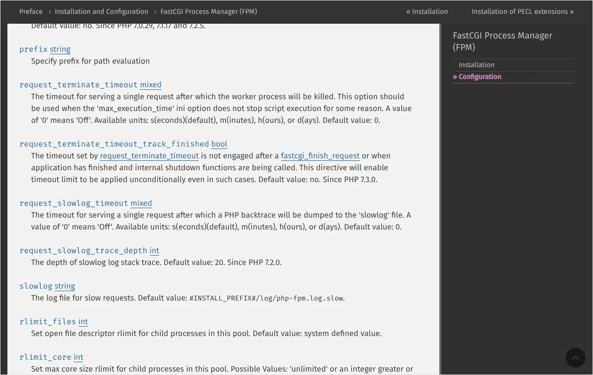 Fragment podręcznika PHP z opisem ustawień request_terminate_timeout, request_slowlog_timeout i slowlog w konfiguracji PHP-FPM