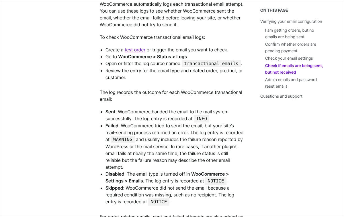Fragment dokumentacji WooCommerce z opisem dziennika transactional-emails i czterech wyników próby wysłania wiadomości