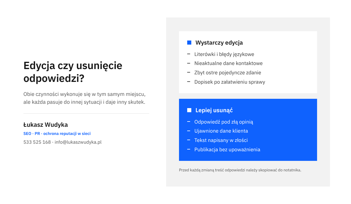 Zestawienie dwóch rozwiązań: kiedy własną odpowiedź na opinię w Google wystarczy poprawić, a kiedy lepiej ją usunąć