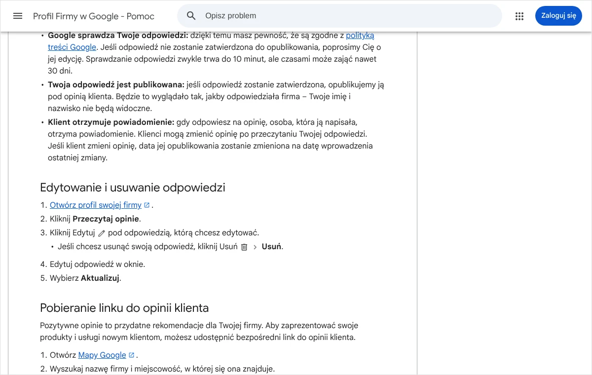 Fragment pomocy Profilu Firmy w Google z sekcją o edytowaniu i usuwaniu odpowiedzi: ikona ołówka, ikona kosza i przycisk Aktualizuj