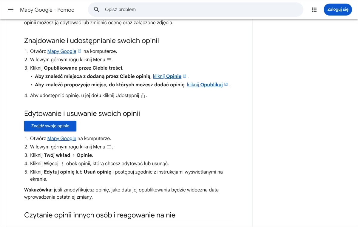 Zrzut strony pomocy Map Google z sekcją o edytowaniu i usuwaniu swoich opinii: Menu, Twój wkład, Opinie, Więcej oraz Edytuj opinię lub Usuń opinię.
