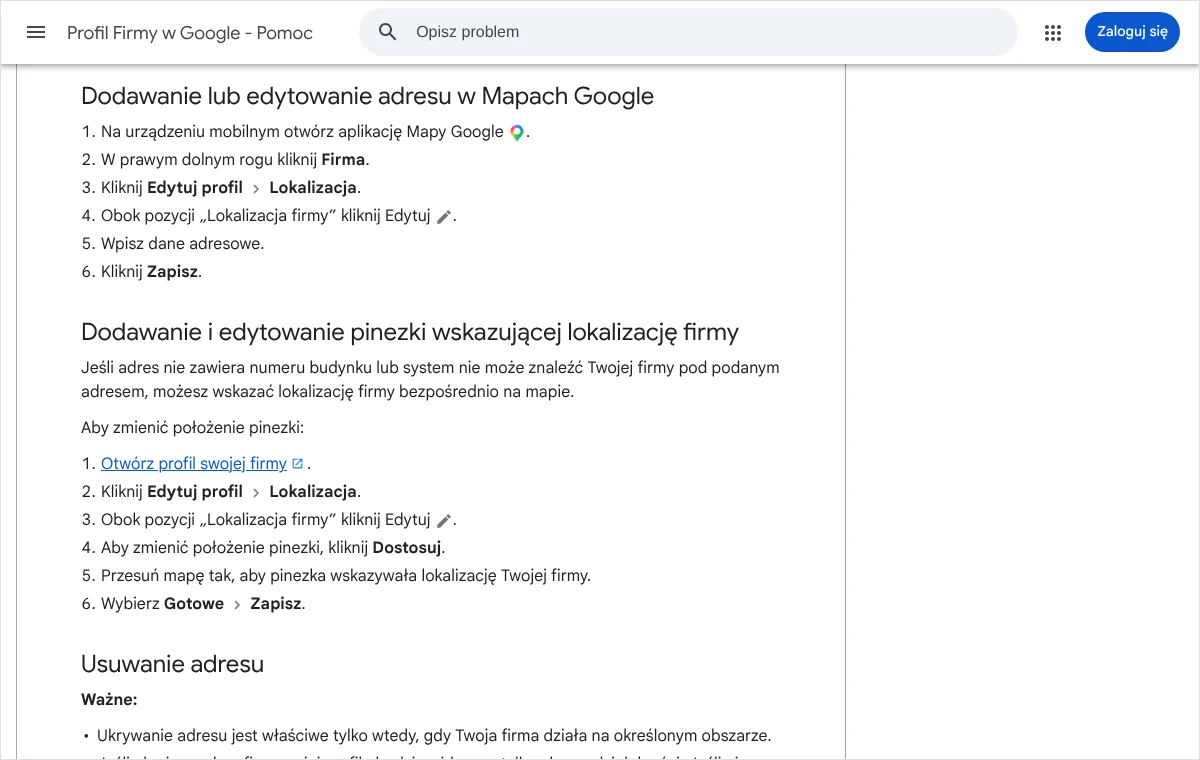 Zrzut strony pomocy Profilu Firmy w Google z częścią o dodawaniu i edytowaniu pinezki wskazującej lokalizację firmy oraz sześcioma krokami zmiany jej położenia.