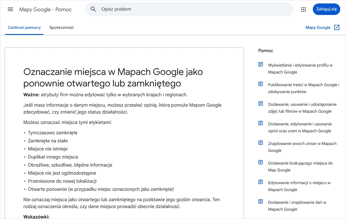 Strona pomocy Map Google z listą etykiet, którymi można oznaczyć miejsce, między innymi Zamknięte na stałe i Duplikat innego miejsca