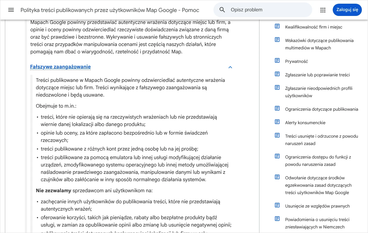 Fragment polityki treści Map Google z rozwiniętą częścią Fałszywe zaangażowanie i listą treści, które nie opierają się na rzeczywistych wrażeniach