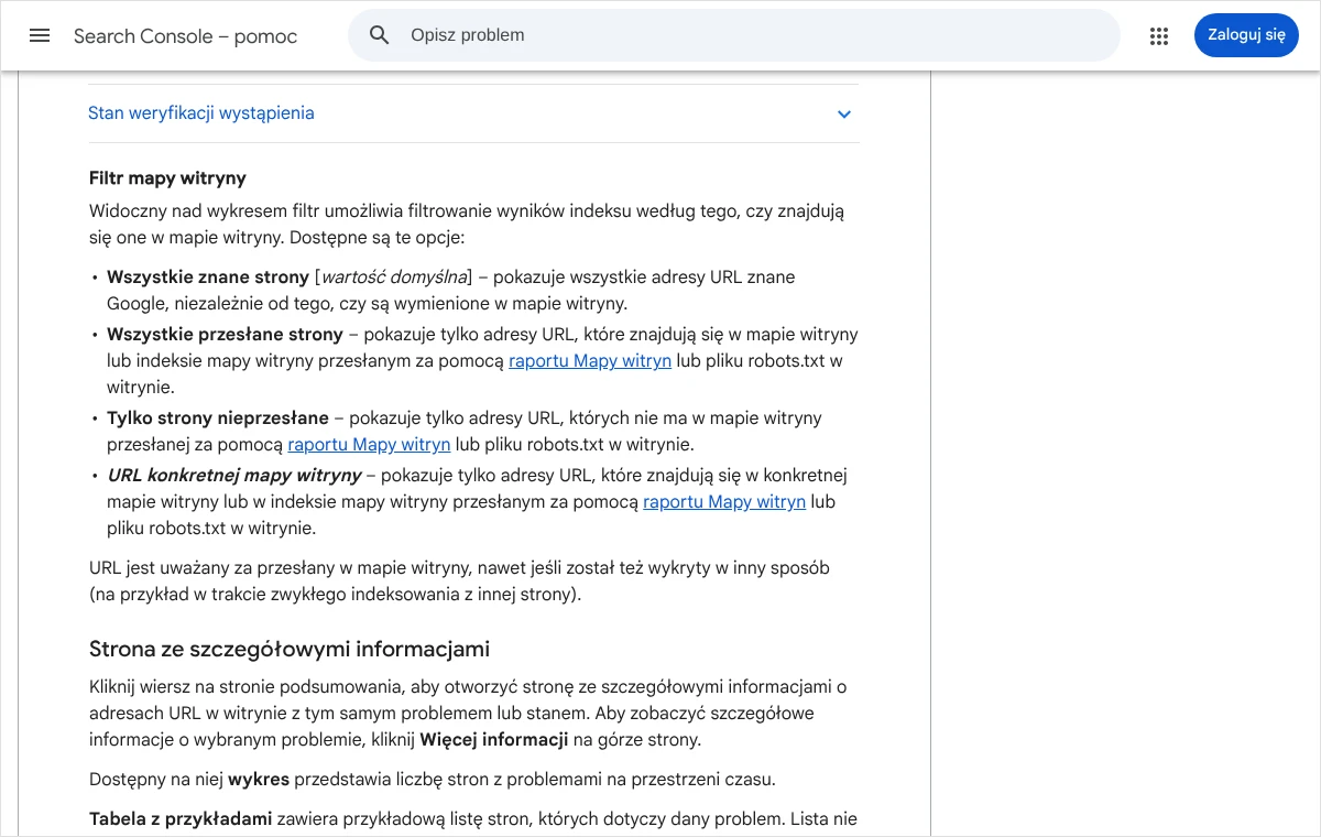 Fragment pomocy Search Console z opisem filtra mapy witryny i opcji Wszystkie znane strony, Wszystkie przesłane strony oraz Tylko strony nieprzesłane