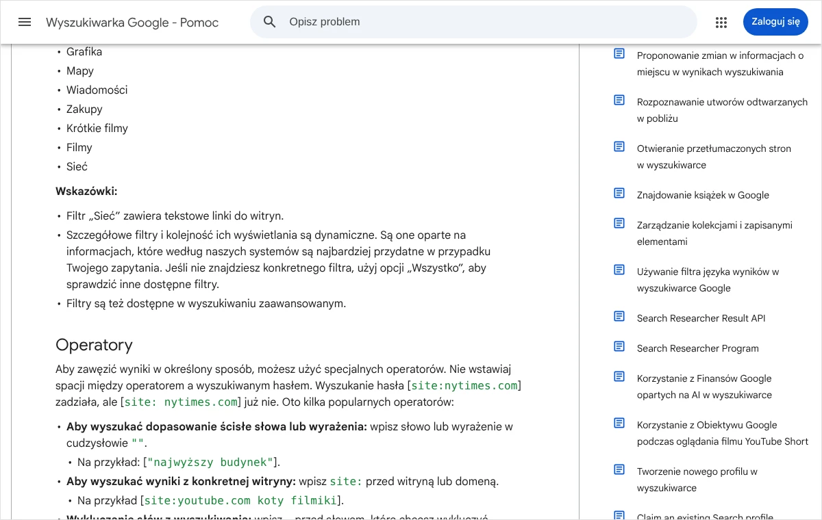 Strona pomocy wyszukiwarki Google z listą filtrów wyników, w tym filtrem Wiadomości, oraz sekcją Operatory z opisem cudzysłowu i operatora site: