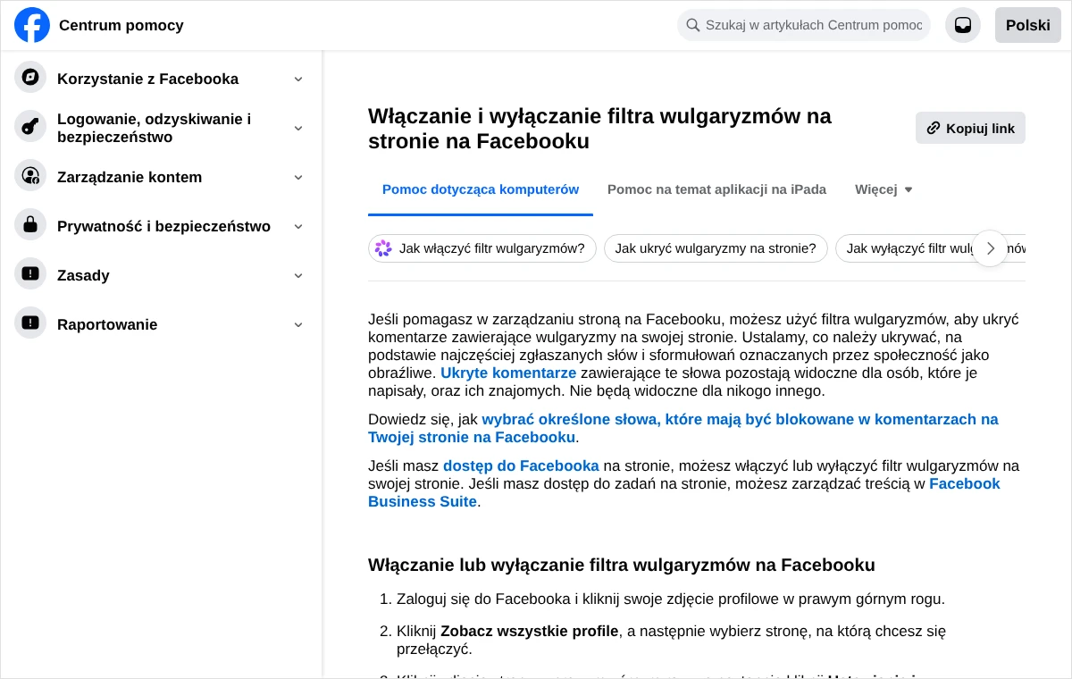 Strona Centrum pomocy Facebooka o włączaniu i wyłączaniu filtra wulgaryzmów na stronie, z opisem działania i początkiem listy kroków