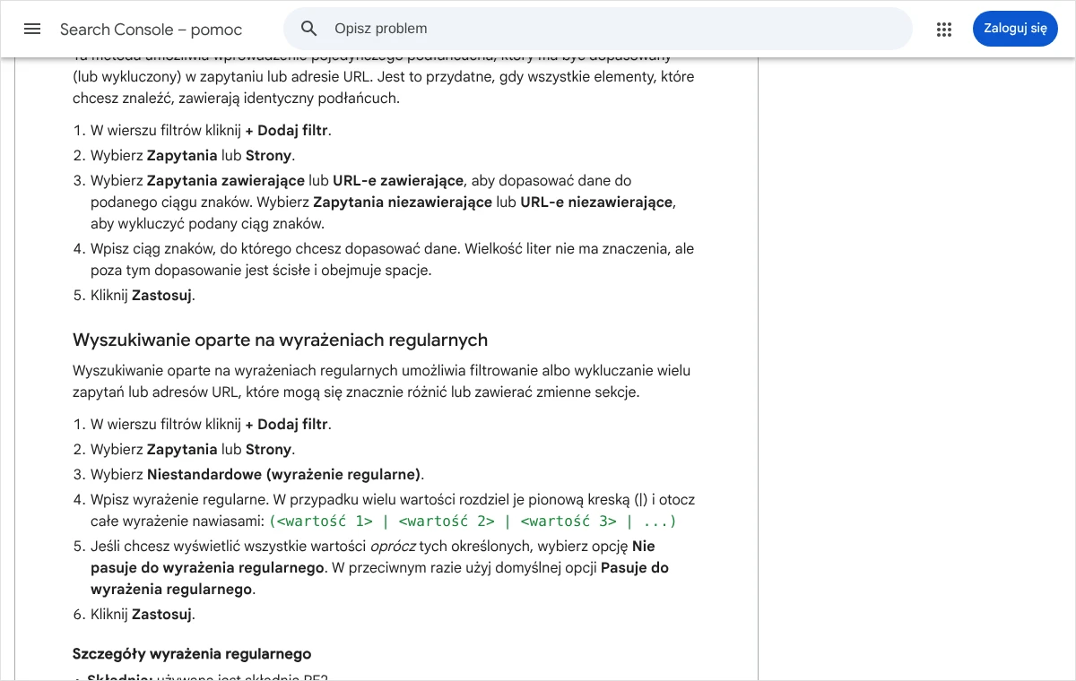 Fragment pomocy Search Console z kolejnymi czynnościami dodawania filtra zapytań opartego na wyrażeniu regularnym w raporcie skuteczności.