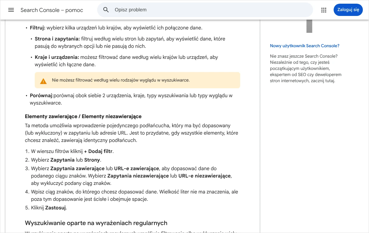 Zrzut strony pomocy Search Console z opisem filtra „Zapytania zawierające”: kolejne czynności od „+ Dodaj filtr” do przycisku „Zastosuj”.