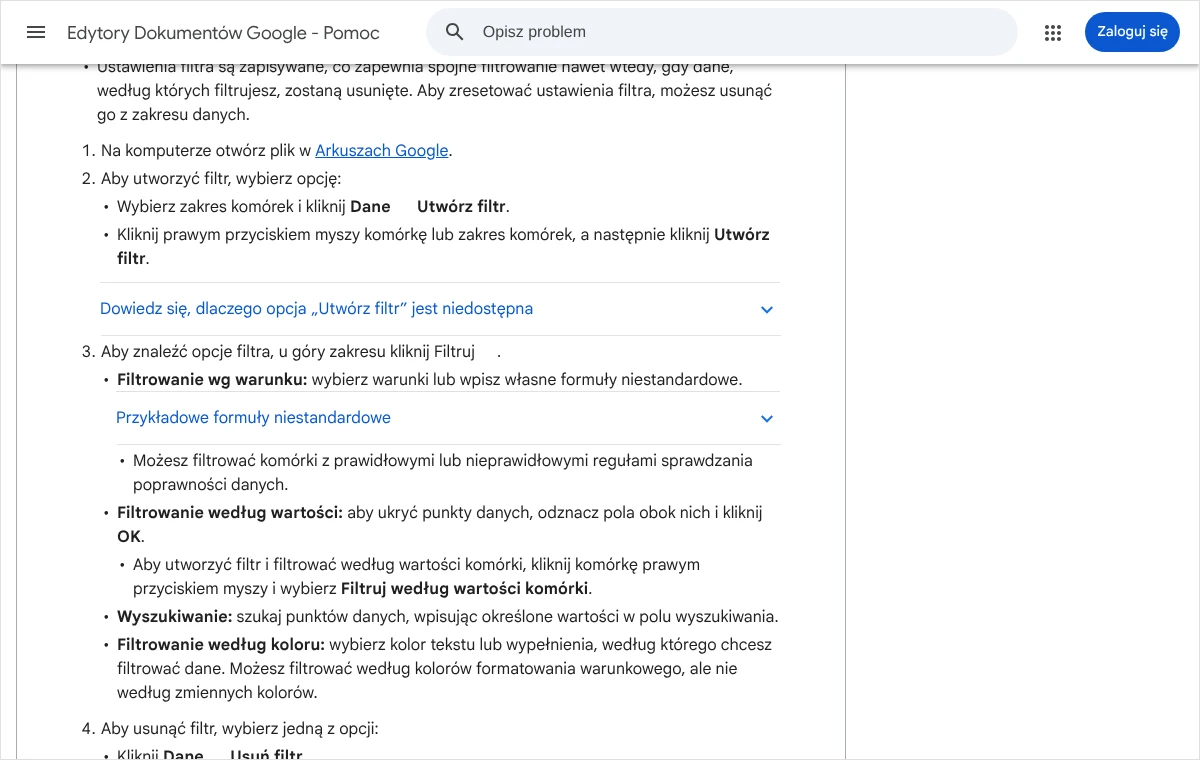 Fragment pomocy Edytorów Dokumentów Google o filtrowaniu danych: polecenie Utwórz filtr oraz opcje filtrowania według warunku, wartości i koloru