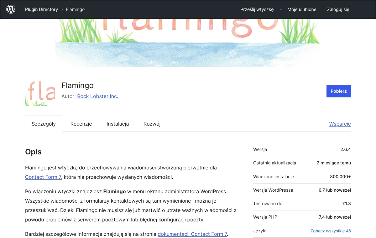 Zrzut strony wtyczki Flamingo w katalogu WordPress.org z opisem: wtyczka przechowuje wiadomości z formularzy Contact Form 7 w bazie strony.