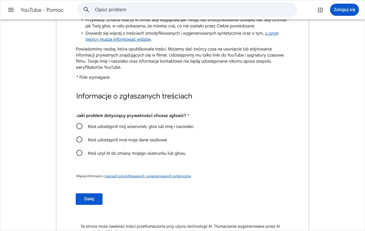 Początek formularza YouTube do zgłaszania problemu z prywatnością: informacja o powiadomieniu twórcy oraz trzy opcje rodzaju problemu do wyboru.